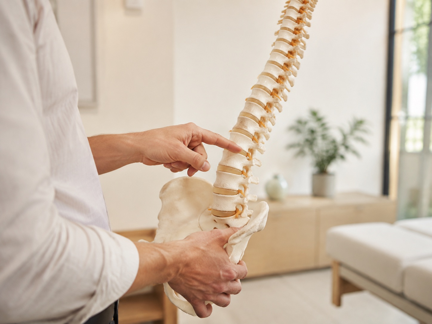 Chiropraktiker erläutert ein anatomisches Wirbelsäulenmodell